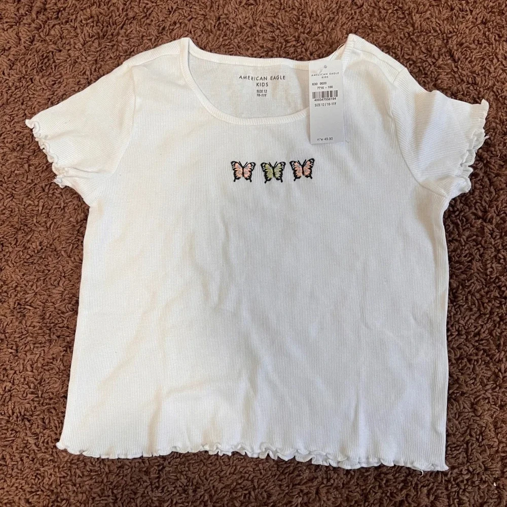 American Eagle Kids White Butterfly Graphic Ribbed‎ Lettuce Hem Crop Top Size 12